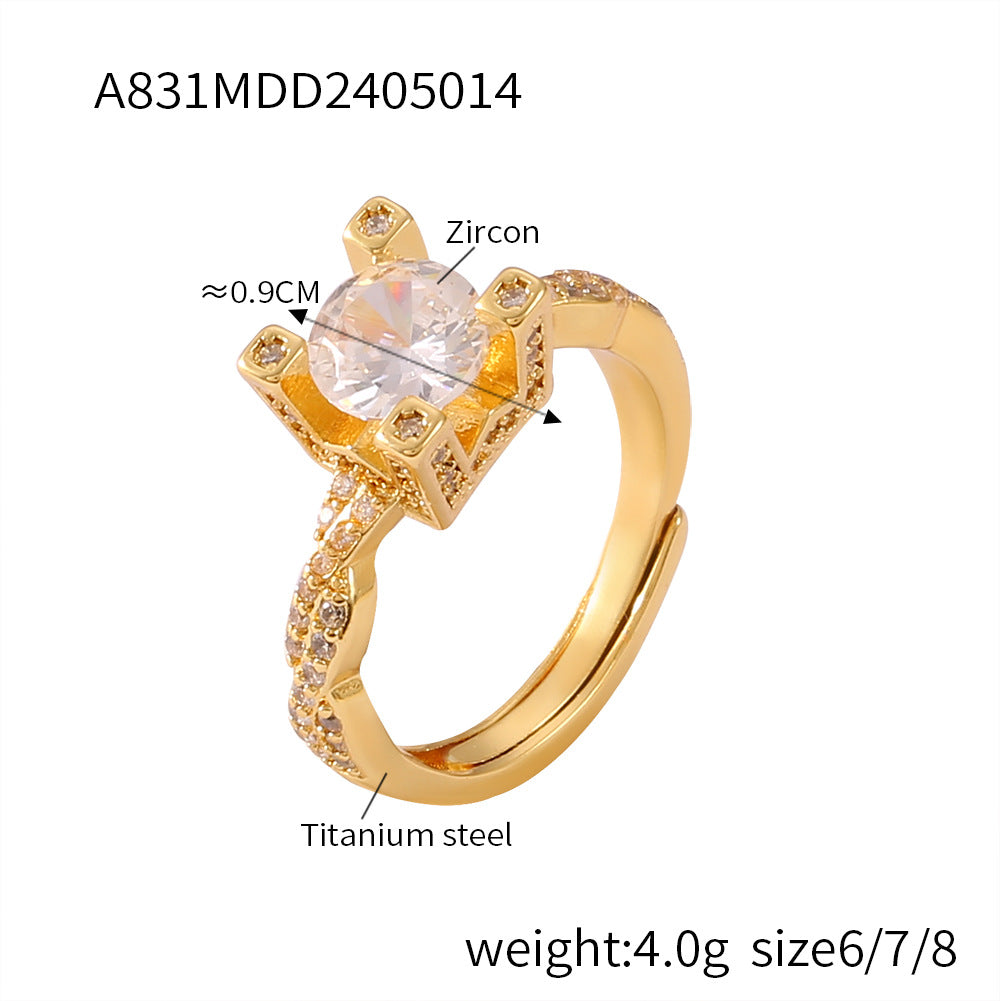 Fashion niche light luxury temperament zircon ring titanium steel gold-plated geometric texture design ring