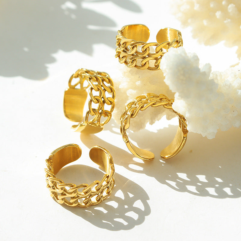Double chain splicing ring female index finger ring titanium steel ring opening adjustable 18k real gold plated A155pp