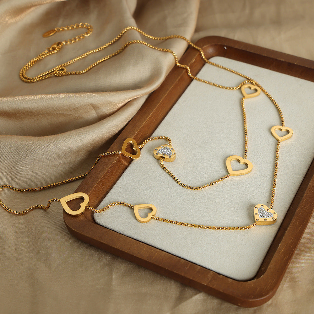 New high-end fashion versatile niche design titanium steel gold-plated double-layer love sweater chain necklace jewelry pp