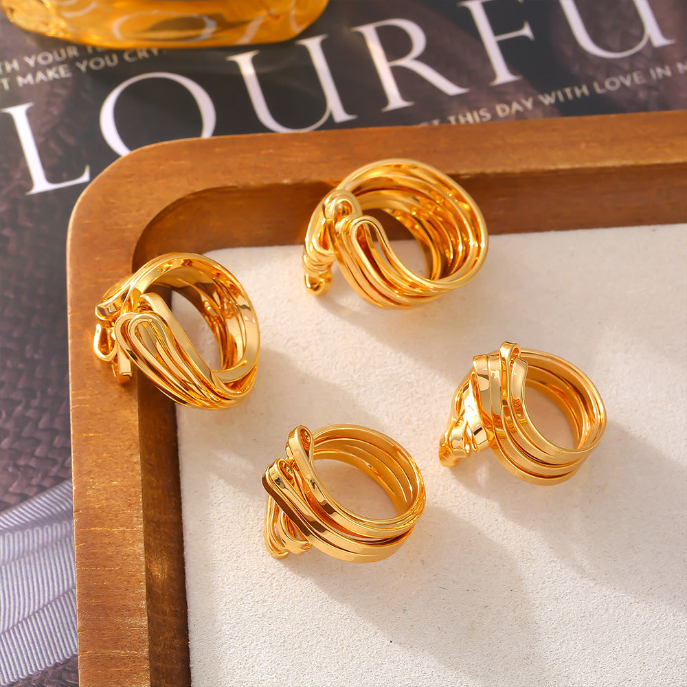 Folded hollow line splicing ring copper plated with 18k real gold does not fade cold wind opening ring pp