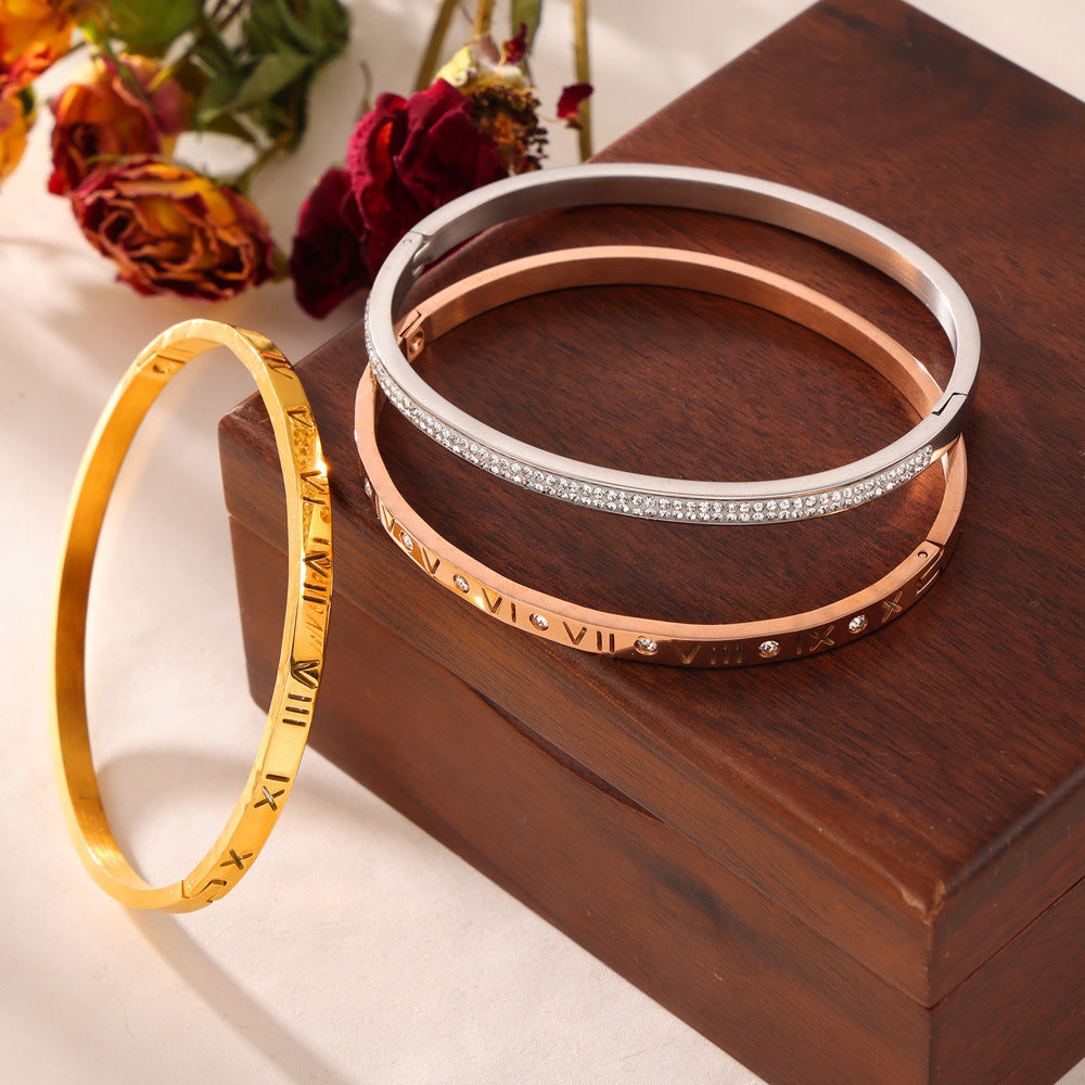 Retro niche personality unique simple jewelry engraved Roman numerals design sense diamond inlaid titanium steel gold plated bracelet