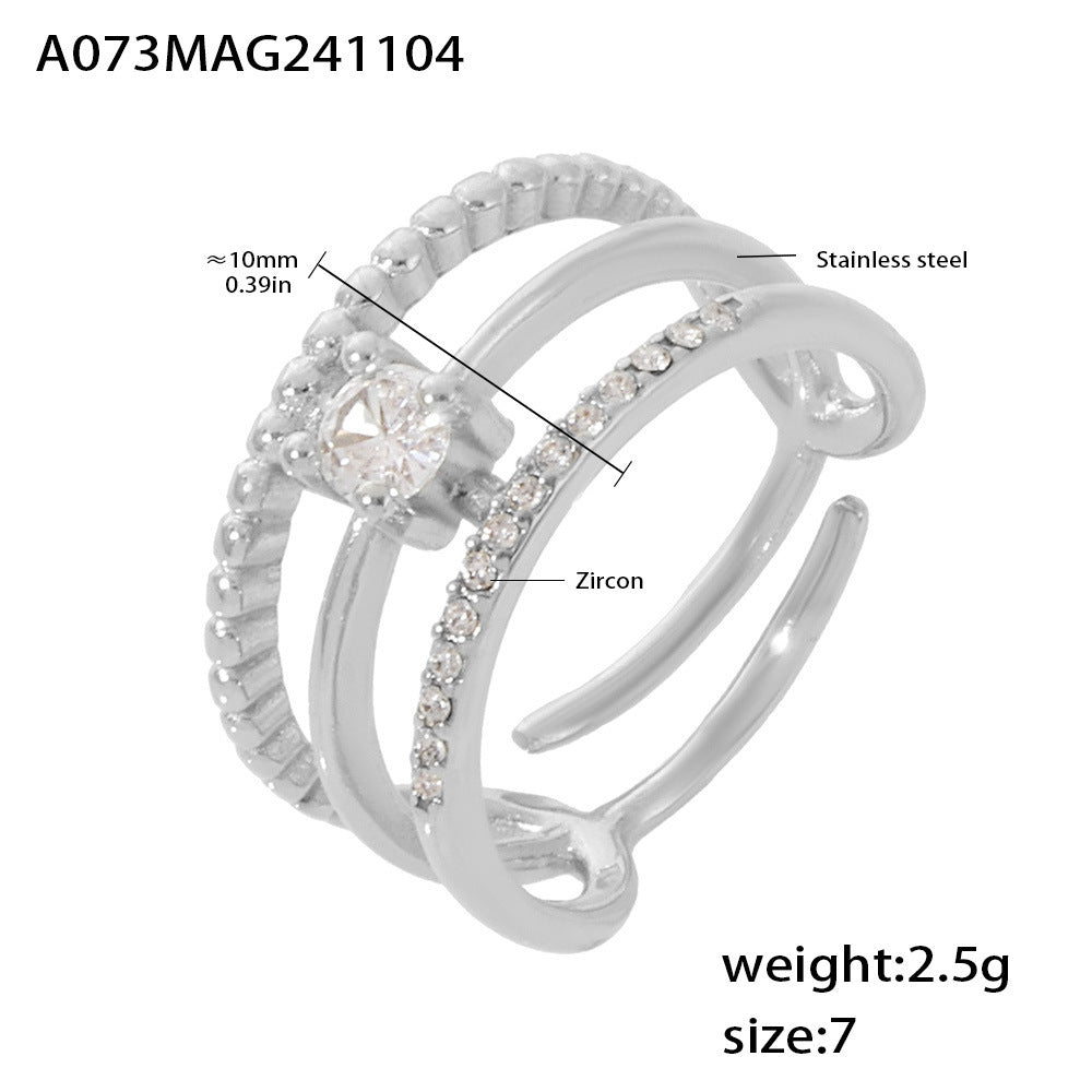 Creative three-layer inlaid zircon ring opening adjustable multi-layer design stainless steel gold-plated index finger ring spot 99