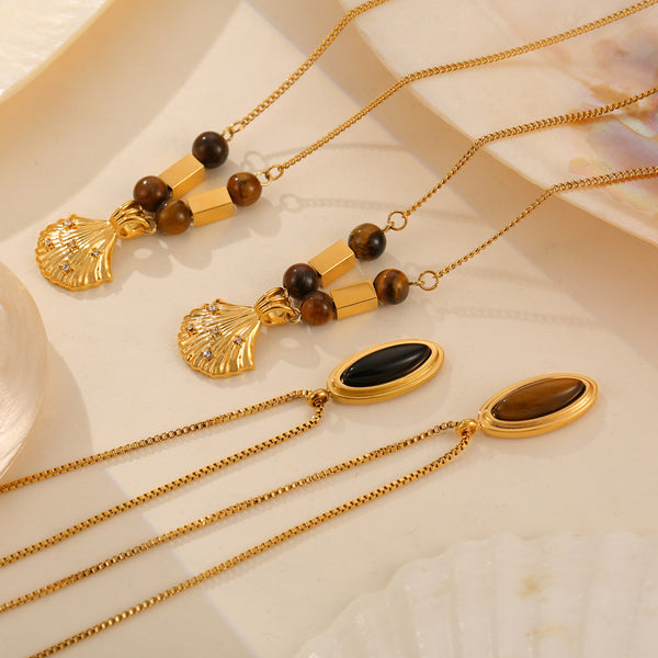 Vintage niche Vintage jewelry Tiger's eye stone pendant with diamond shell shape design titanium steel necklace