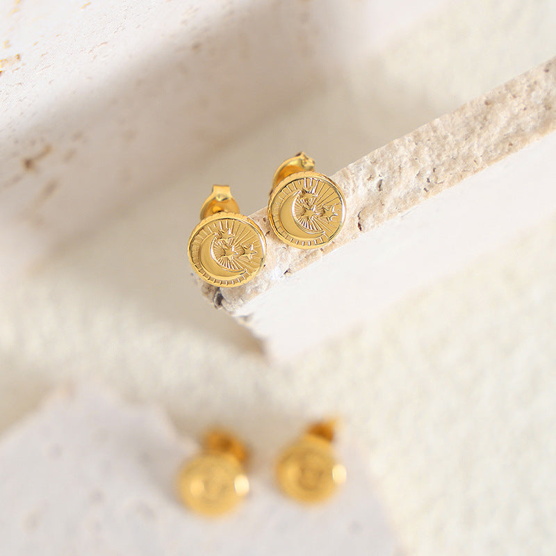 Factory direct sales, niche design, ear-raising, personalized fashion earrings, titanium steel gold-plated relief stars, moon temperament stud earrings