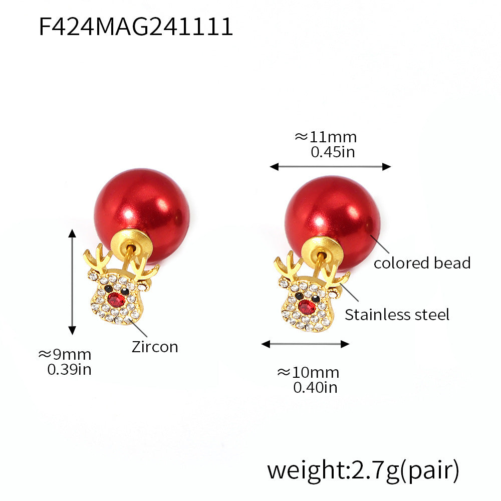 Color zircon Christmas tree elk stainless steel stud earrings DIY colored beads ear plug niche new earrings