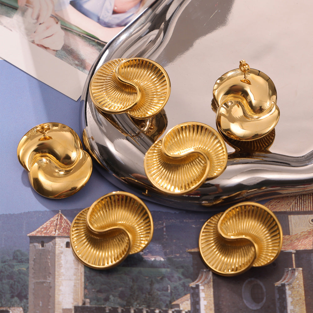 Personality Versatile Elegant Earrings Water Drop Shape Texture Spiral Design Titanium Steel Asymmetrical Stud Earrings 99
