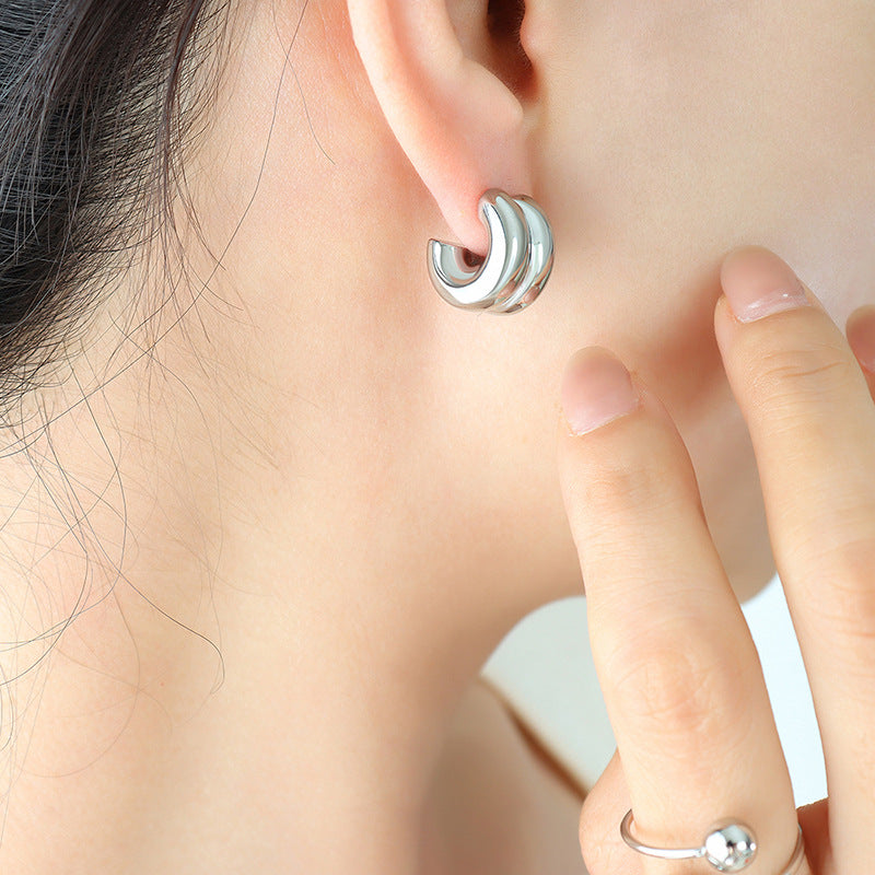 Double-layer C-shaped half-circle mirror earrings women's plated 18K gold stud earrings minimalist retro titanium steel non-fading accessories