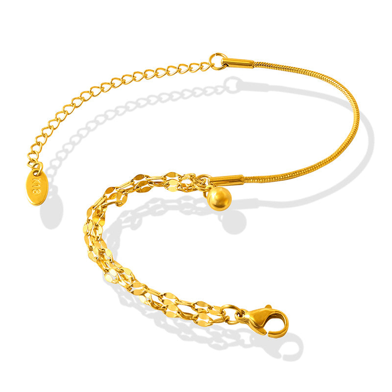 Detailed niche and versatile campus style double-layer lip chain bracelet, small steel ball pendant, titanium steel gold-plated jewelry E15299