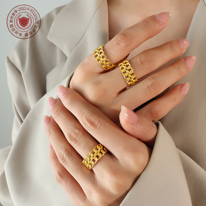 Double chain splicing ring female index finger ring titanium steel ring opening adjustable 18k real gold plated A155pp