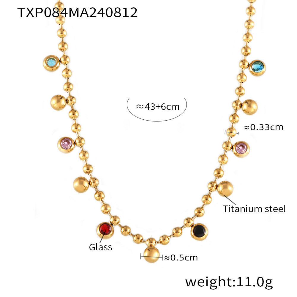 Colored glass round bead collarbone chain bracelet niche exquisite titanium steel plated 18k real gold set 99
