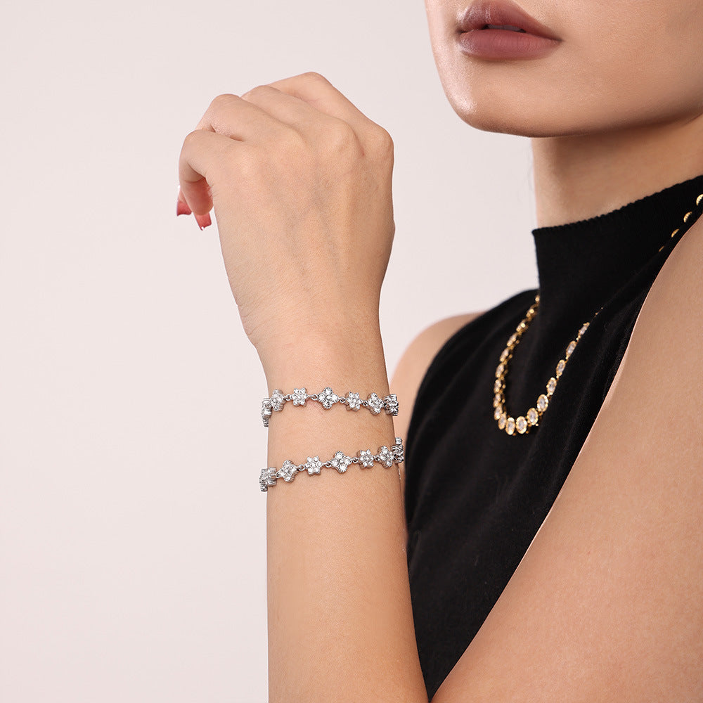 Stainless steel hand-inlaid zircon flower bracelet light luxury commuter plated 18k real gold spot