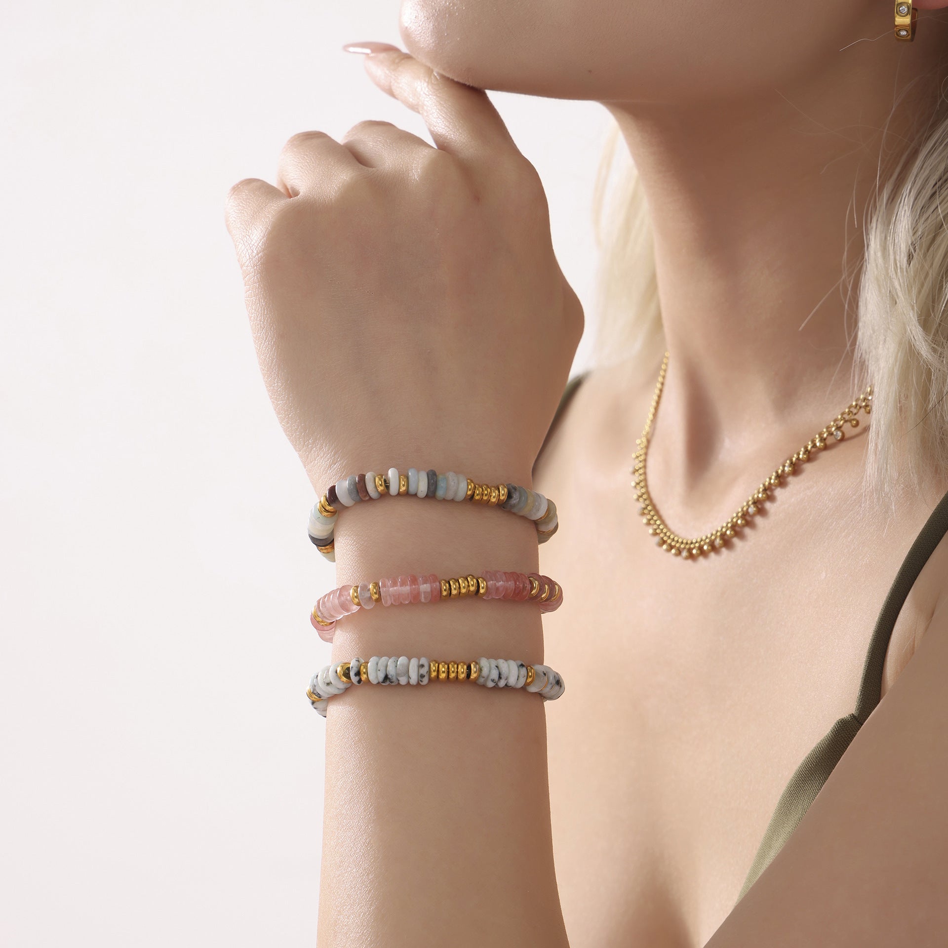 Natural stone abacus bead bracelet women's fashion light luxury titanium steel plated 18k gold versatile personality temperament chain decoration 99