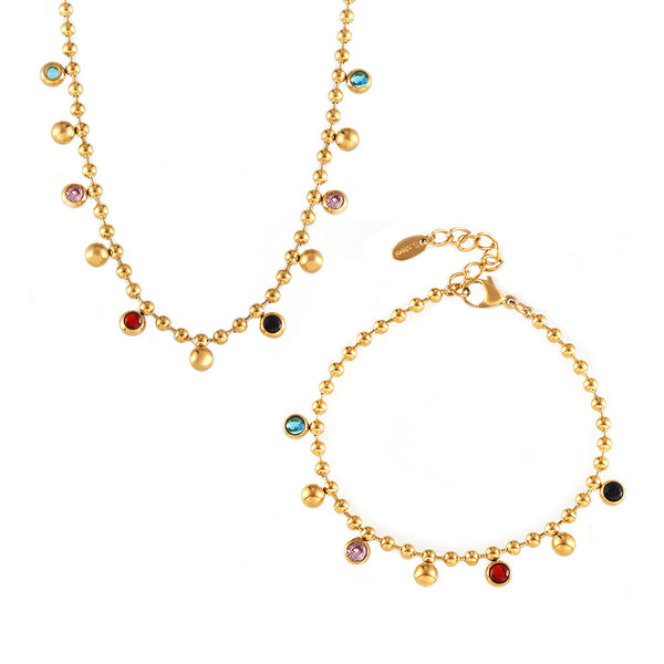 Colored glass round bead collarbone chain bracelet niche exquisite titanium steel plated 18k real gold set 99