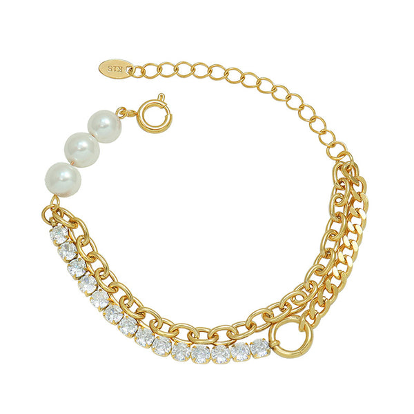 Cold wind light luxury fashion trend imitation pearl zircon bracelet titanium steel plated 18K real gold E029