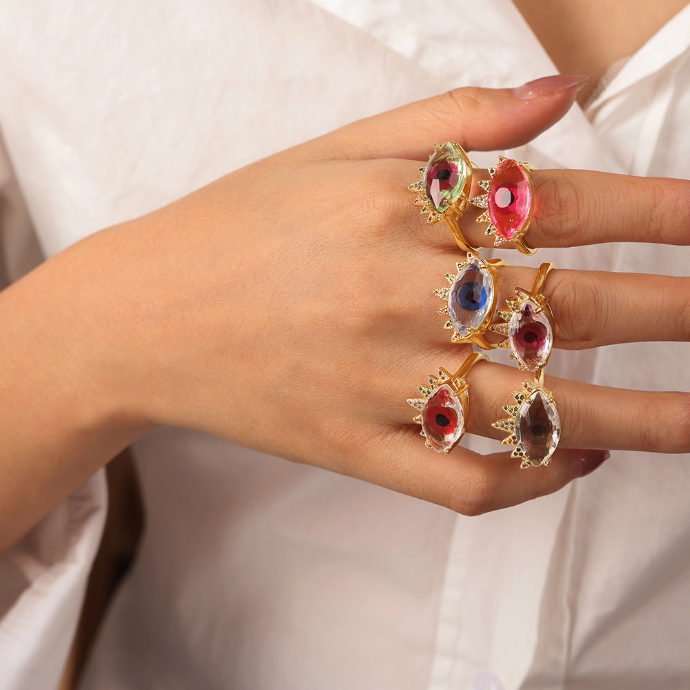 New retro light luxury copper material devil's eye inlaid zircon opening adjustable ring jewelry women's wholesale