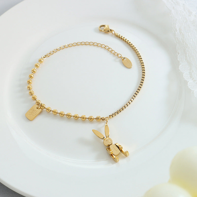 Hot-selling niche personalized mechanical rabbit titanium steel pendant bracelet box chain round bead chain splicing jewelry female pp