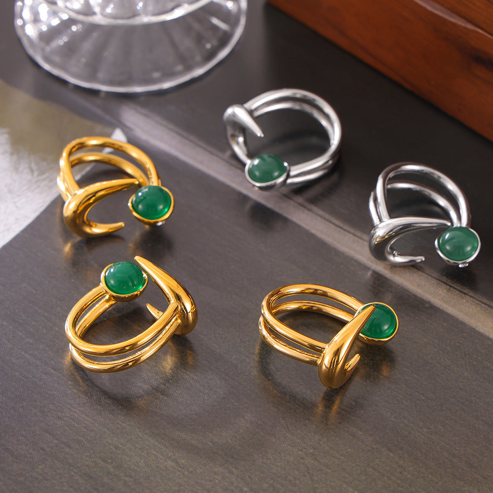 Simple personality hip-hop style temperament ring inlaid with glass stone design double-layer titanium steel open ring
