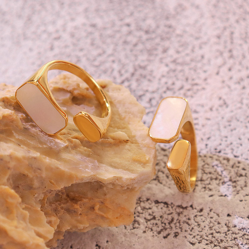 New retro fashion white sea shell open ring women's titanium steel plated 18K real gold ring hand jewelry pp
