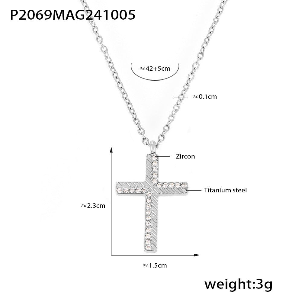Creative twill cross zircon pendant necklace female niche light luxury stacking wearing titanium steel collarbone chain female 9