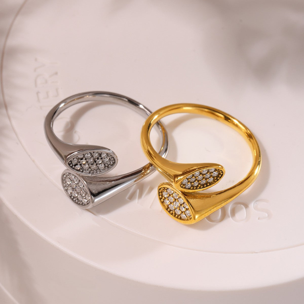 Jewelry Irregular High Texture Zircon Inlaid Design Open Ring Stainless Steel Plated Real Gold Index Finger Ring
