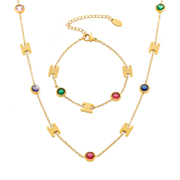 Double C Mixed Color Stainless Steel Zircon Necklace Bracelet Set PVD Electroplating Real Gold Color Retaining Light Luxury Jewelry