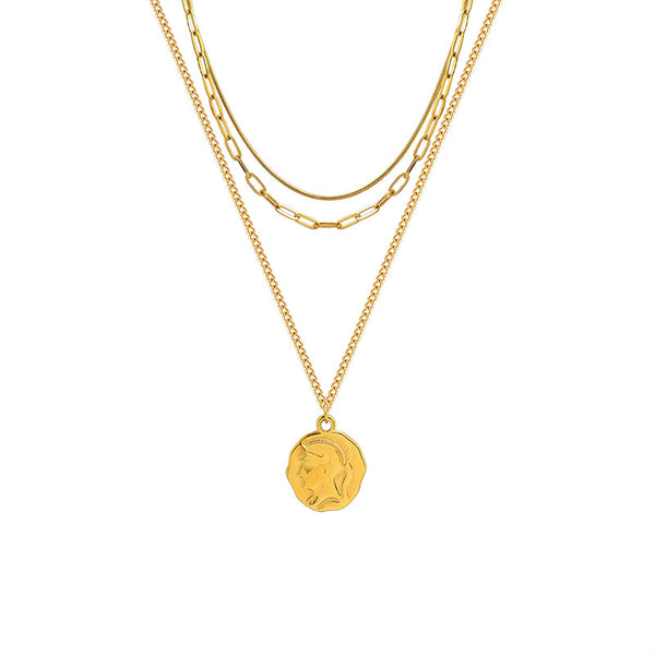 Personalized portrait chain pendant multi-layer stacked necklace steel plated 18K gold collarbone chain