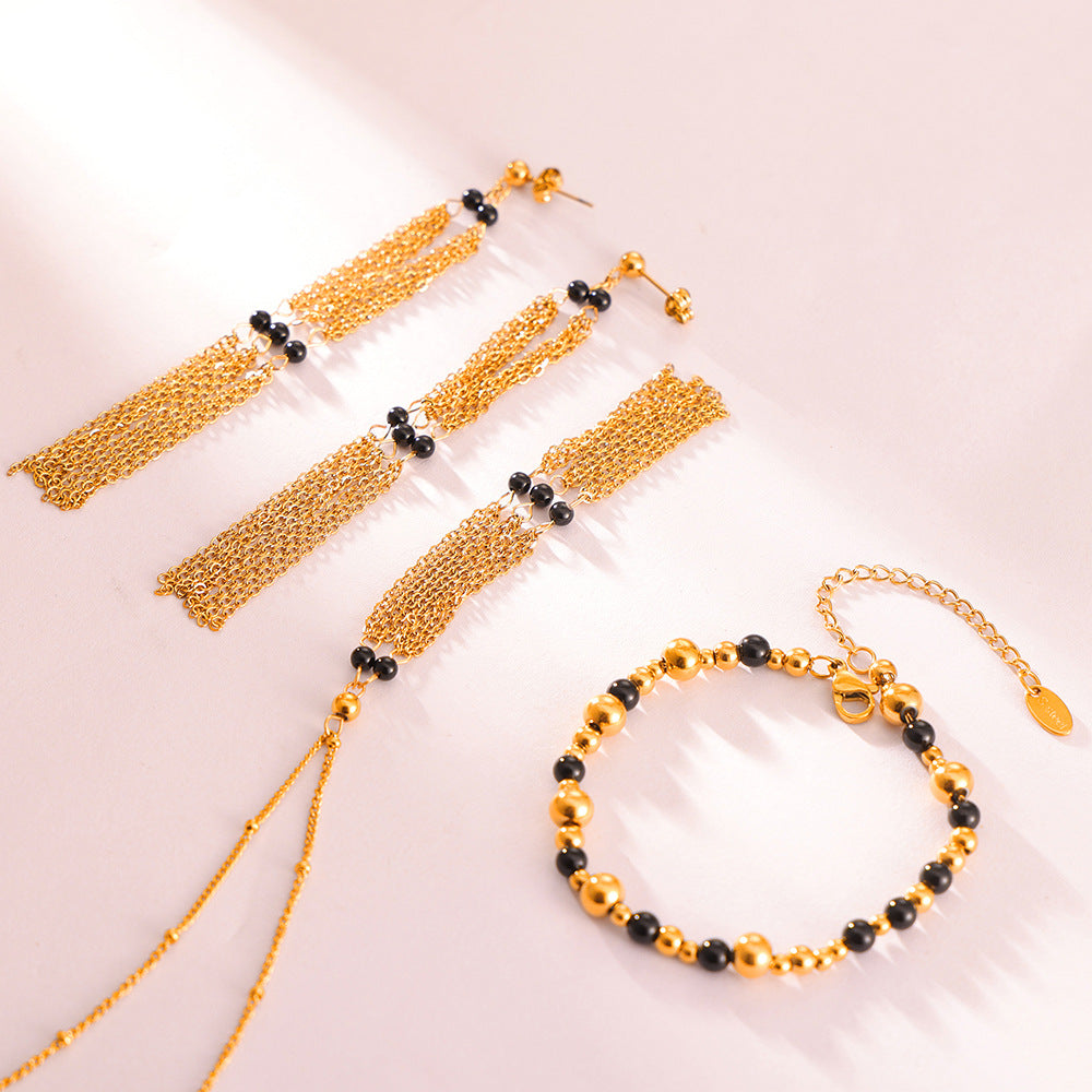 Retro niche personalized jewelry geometric multi-layer chain splicing agate stone beaded design titanium steel jewelry set 99