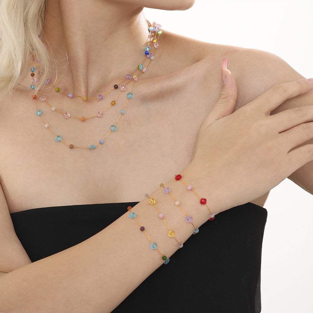 Colorful natural stone collarbone necklace bracelet, stainless steel niche dopamine handmade chain set for women