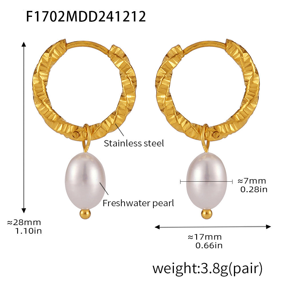 Stainless steel twist buckle natural freshwater cultured pearl stud earrings PVD electroplated 18K real gold earrings women's 99