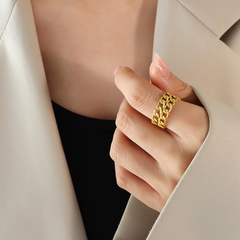 Double chain splicing ring female index finger ring titanium steel ring opening adjustable 18k real gold plated A155pp
