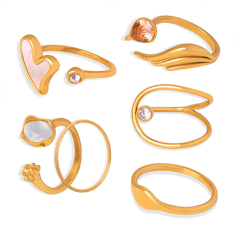 Fashion commuting niche simple versatile geometric shape design sense zircon color shell inlaid titanium steel gold-plated ring pp