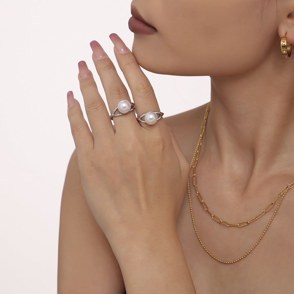 Handmade inlaid zircon imitation pearl ring women's niche side opening high-version texture non-fading jewelry pp