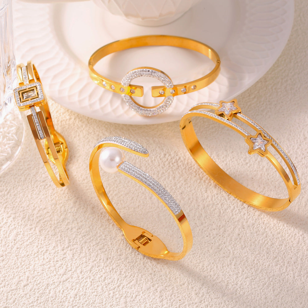 Trend fashion simple personality niche jewelry geometric multi-layer diamond design titanium steel gold-plated hollow bracelet pp