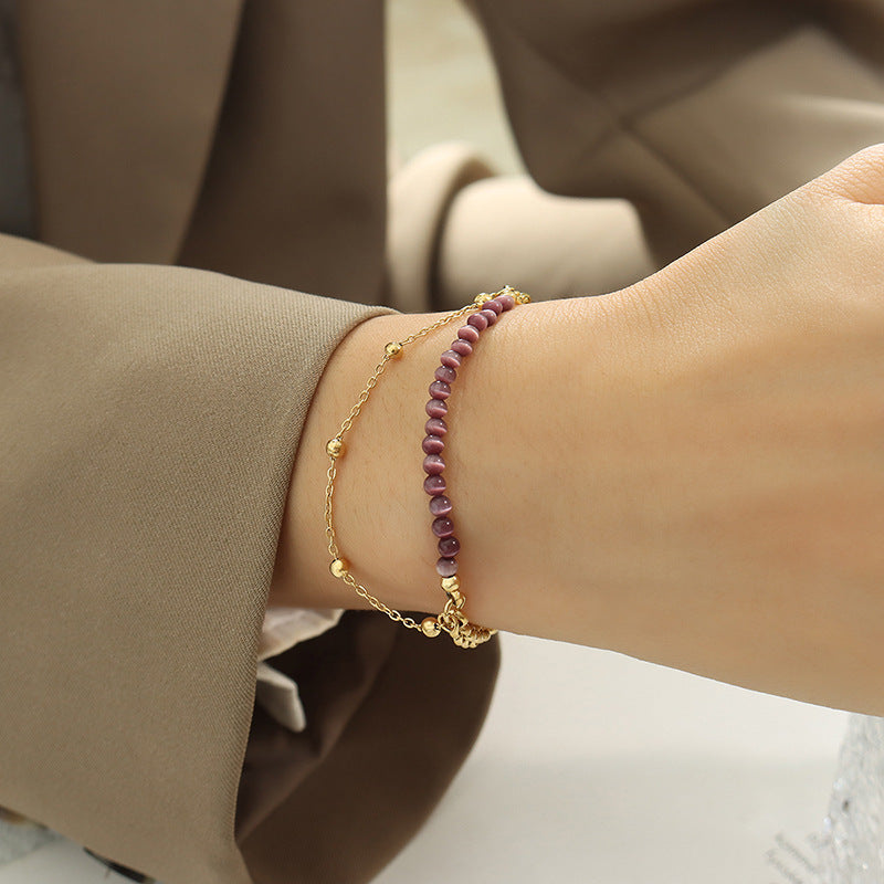 Trend casual style hand jewelry personalized versatile opal light luxury temperament double chain titanium steel plated 18K gold bracelet