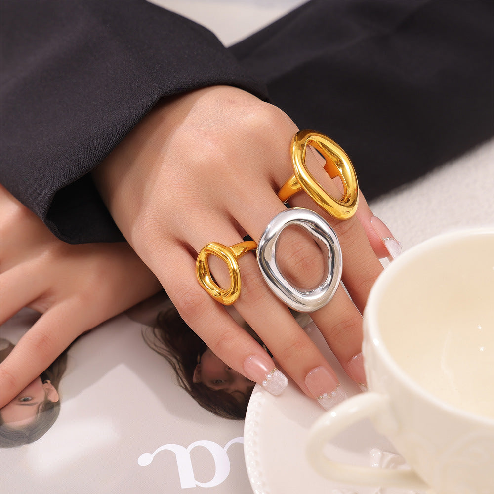 Version Casual Minimalist Design Jewelry Geometric Hollow Irregular Ring Titanium Steel Gold Plated Ring 99