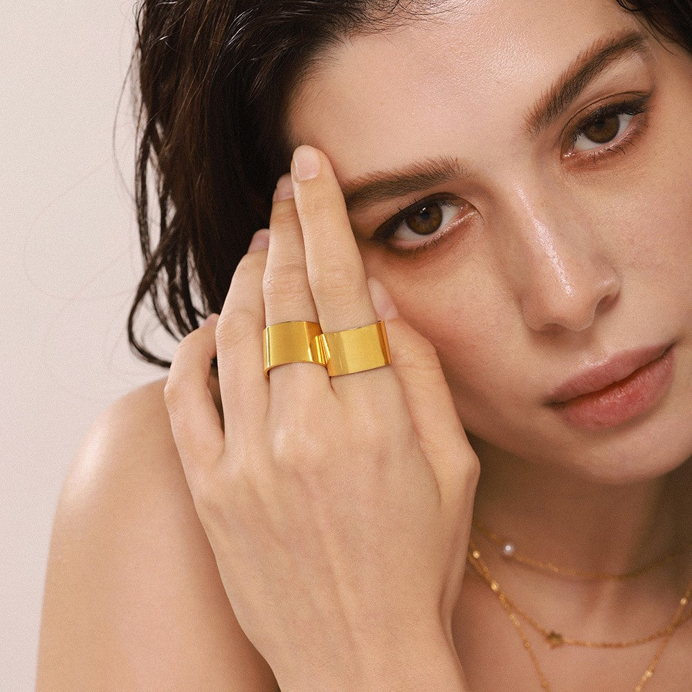 Wide version glossy ring cold wind simplicity open ring stainless steel PVD plated 18K real gold index finger ring