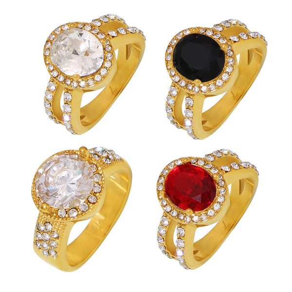 Luxury retro diamond-set oval zircon ring titanium steel 18k plated real gold temperament court style ring female pp