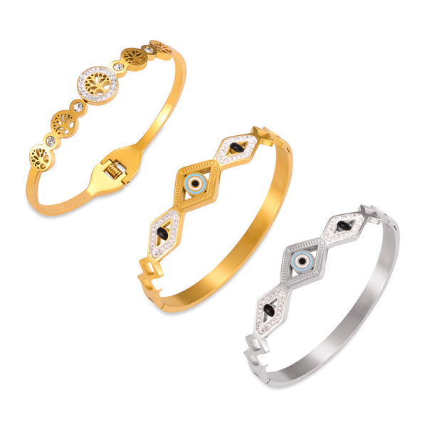 Hot-selling niche personalized hollow jewelry devil's eye tree of life diamond-encrusted design titanium steel gold-plated bracelet pp