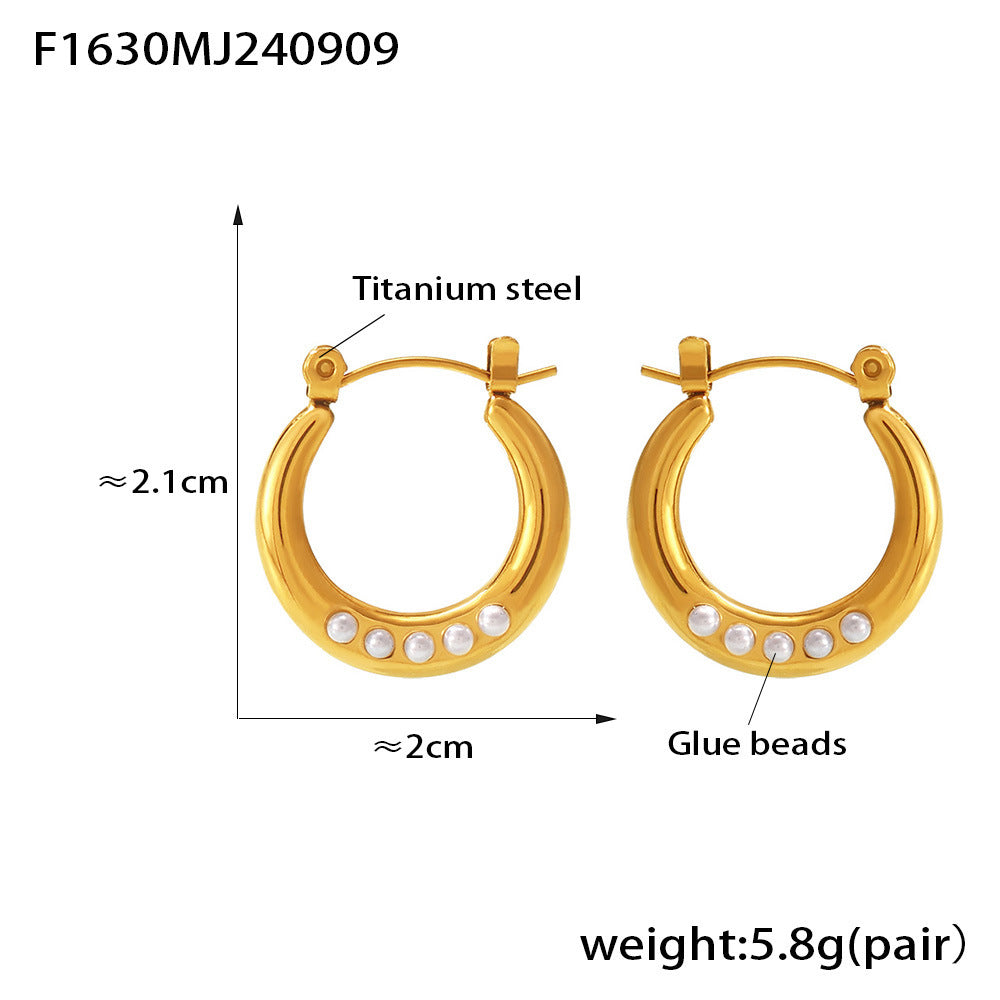 Geometric ring imitation pearl open earrings titanium steel plated 18K gold elegant light luxury non-fading earrings