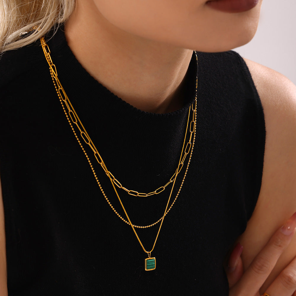 Titanium steel jewelry black shell malachite square brand collarbone chain light luxury fashion commuter necklace accessories women