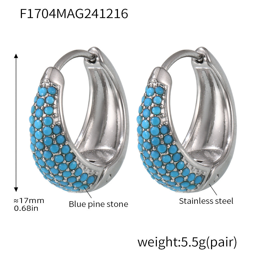 Blue Turquoise Colorful Zircon Circle Earrings Temperament Ear Buckles Commuter Earrings Stainless Steel Electroplated 18K Real Gold