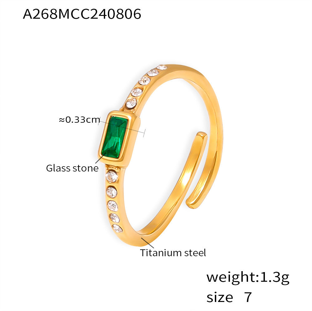 2024 new square glass stone ring titanium steel plated 18k real gold fashion personalized open women's ring pp