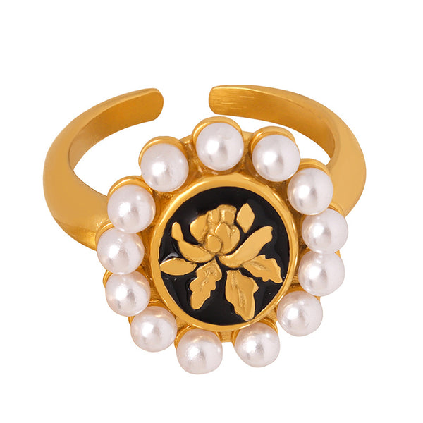 Sunflower Round Oil Drop Geometric Baroque Imitation Pearl Opening Personality Ring Popular Jewelry Women