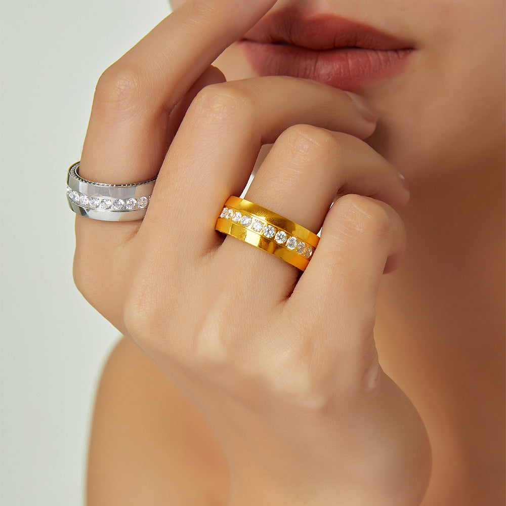Niche personalized texture lace index finger ring inlaid with diamond design titanium steel gold-plated casual wind ring pp