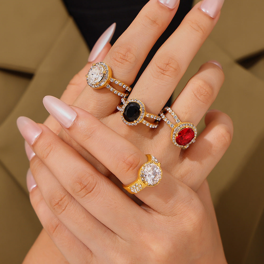 Luxury retro diamond-set oval zircon ring titanium steel 18k plated real gold temperament court style ring female pp