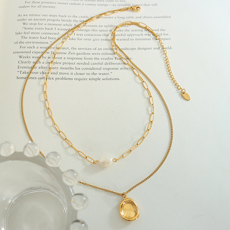 Concave-convex pendant Double-layer stacked wearing freshwater pearl necklace Women's niche design gold-plated collarbone neck chain P831pp
