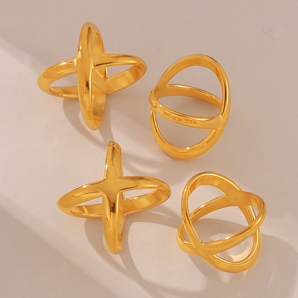 Hepburn style geometric three-dimensional cross opening ring titanium steel plated 18k real gold fashionable versatile personalized ring wholesale