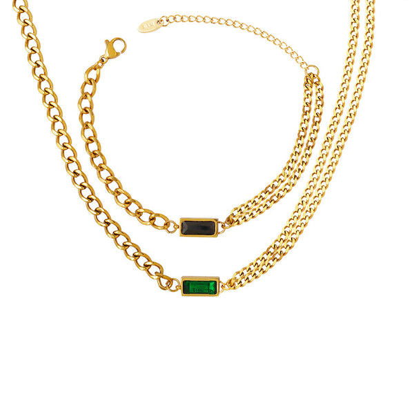 Trendy chain zircon double chain stacked necklace women's bracelet gold-plated jewelry set P765-E167