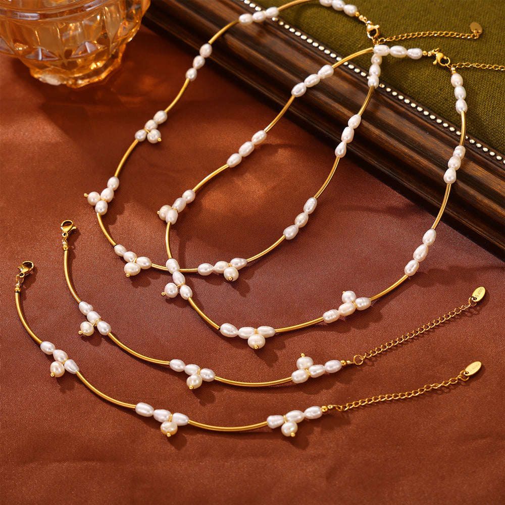 Light luxury temperament elegant jewelry geometric freshwater pearl beaded design titanium steel jewelry set