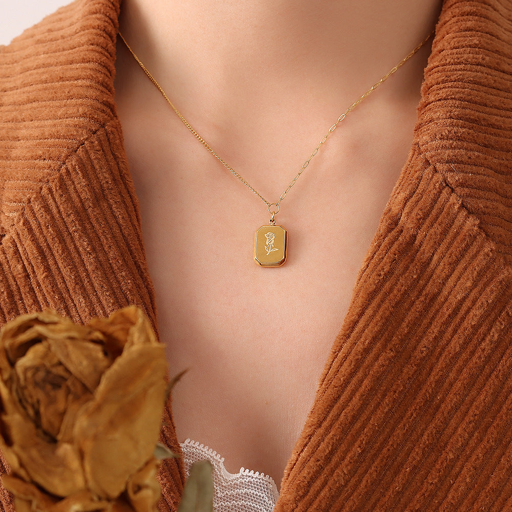 Cold wind light luxury fashion rose necklace female, simple titanium steel plated 18K real gold collarbone chain pp